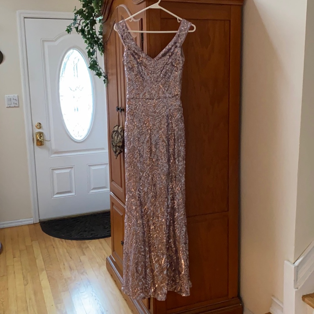 pink sparkly off the shoulder evening gown